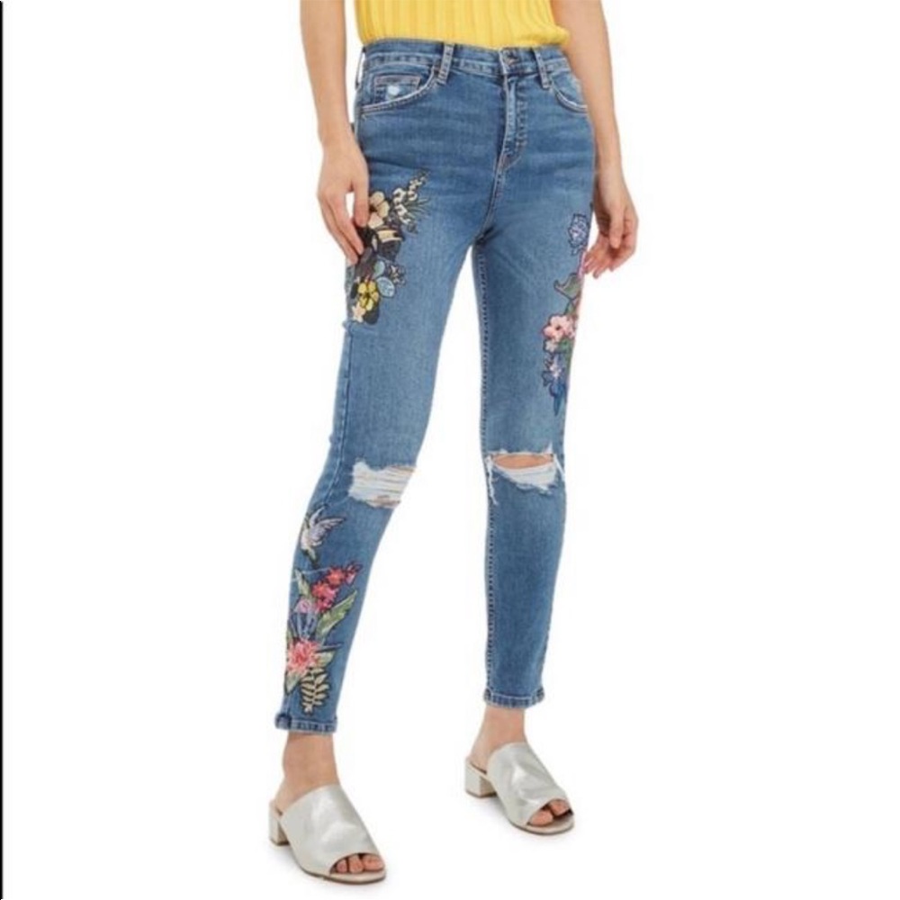Topshop Moto Jamie jeans with 3D exceptional embroidered flowers and birds